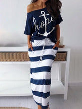 Load image into Gallery viewer, 2019 Summer Plus Size Elegant Vacation Leisure Two-pieces Suit Sets Ladies Boat Anchor Print T-Shirt & Striped Maxi Skirt Sets
