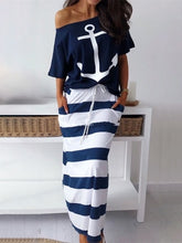 Load image into Gallery viewer, 2019 Summer Plus Size Elegant Vacation Leisure Two-pieces Suit Sets Ladies Boat Anchor Print T-Shirt & Striped Maxi Skirt Sets