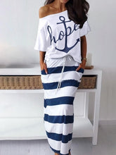 Load image into Gallery viewer, 2019 Summer Plus Size Elegant Vacation Leisure Two-pieces Suit Sets Ladies Boat Anchor Print T-Shirt &amp; Striped Maxi Skirt Sets