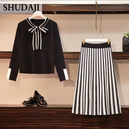 Large Size Women's  dress  Autumn  winter long sleeve bow tie striped dress knitted sweater Suit skirt two-piece suit drress
