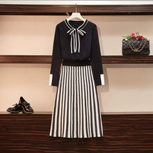 Load image into Gallery viewer, Large Size Women&#39;s  dress  Autumn  winter long sleeve bow tie striped dress knitted sweater Suit skirt two-piece suit drress