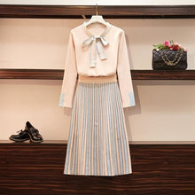 Load image into Gallery viewer, Large Size Women&#39;s  dress  Autumn  winter long sleeve bow tie striped dress knitted sweater Suit skirt two-piece suit drress
