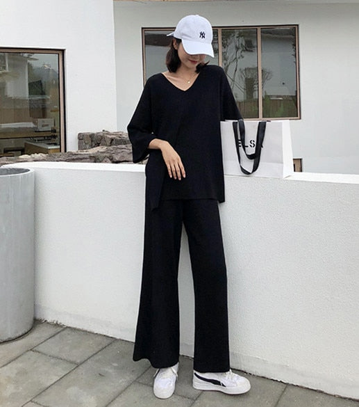 Pongl Fashion Knit Trousers Suits Summer Casual Knitted Two Piece Set Women  Loose Pullover Vest + Wide Leg Pants Suits